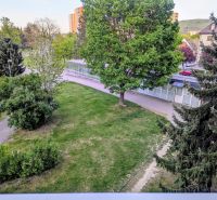 Zeleň v okolí ulice Centrum I v Dubnici nad Váhom s chodníky a budovami.