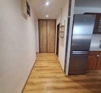 Chodba s vestavěnou skříní a kuchyní v 2pokojovém bytě, dřevěná podlaha, světlé stěny.