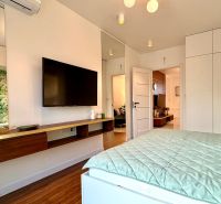 Ložnice v 3-pokojovém bytě s televizí a podlahou s dřevěným dekorem.
