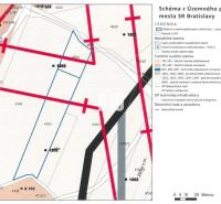 Mapa územního plánu Bratislava III znázorňující funkční využití pozemků a železniční tratě.
