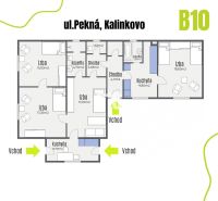 Půdorys rodinného domu v Kalinkově zahrnuje pokoje, koupelny a kuchyně se dvěma vchody.