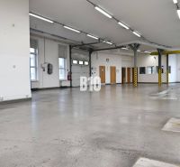 Světlé výrobní prostory s betonovou podlahou a vysokým stropem.