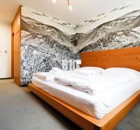 Ložnice s dřevěným nábytkem, velkým uměním na stěně a pohodlnou postelí v rekreačním apartmánu.