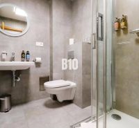 Koupelna rekreačního apartmánu se sprchovým koutem, toaletou a umyvadlem v elegantním designu.
