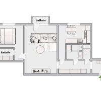 Půdorys 2-pokojového bytu zahrnuje balkon, ložnici, šatník, obývací pokoj, kuchyň a koupelnu.