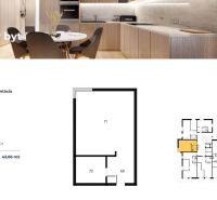 **1-pokojový byt** s kuchyní, koupelnou a chodbou. Podlahová plocha 42,66 m².