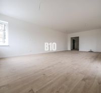 Prostorný pokoj v 3pokojovém bytě s podlahou s dřevěným dekorem a bílými stěnami.