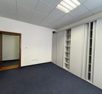 Kanceláře s kobercem a vestavěnými skříněmi, dveře, bílé stěny, umělé osvětlení.