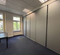 Kanceláře s velkým oknem a skříní, koberec, nábytek v neutrální barvě.