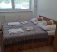 Ložnice s postelí a oknem, podlaha s dřevěným dekorem v dvoupokojovém bytě.