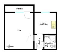Půdorys 1-pokojového bytu se skladbou místností: pokoj, kuchyně, balkon, koupelna, WC.