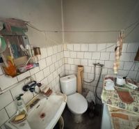 Koupelna v rodinném domě s umyvadlem, toaletou a starou pračkou.