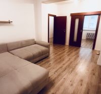 Obývací pokoj s pohodlnou sedačkou a podlahou s dřevěným dekorem v 3-pokojovém bytě.