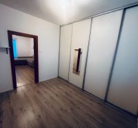 Chodba v 3-pokojovém bytě se skříněmi a podlahou s dřevěným dekorem.