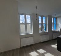 Světlá místnost se třemi okny a podlahou s dřevěným dekorem v 1-pokojovém bytě.