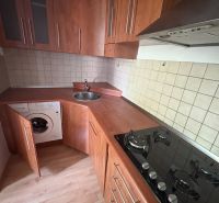 Kuchyně v 2pokojovém bytě s podlahou s dřevěným dekorem a vestavěnými spotřebiči.