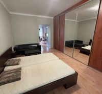 Ložnice s manželskou postelí, zrcadlovou skříní a podlahou s dřevěným dekorem v 2pokojovém bytě.