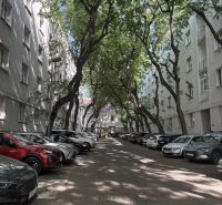 Parkování mezi stromy na ulici Dobrovského v Bratislavě Starém Městě, obklopené 2-pokojovými byty.