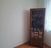 Pokoj v 2-pokojovém bytě s vitrínou, knihami a podlahou s dřevěným dekorem.