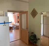 Interiér 2-pokojového bytu s podlahou s dřevěným dekorem, viditelná obývací místnost.