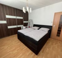 Ložnice v 2-pokojovém bytě s velkou skříní a podlahou s dřevěným dekorem.