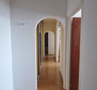 Chodba s obloukovým průchodem a podlahou s dřevěným dekorem v 2pokojovém bytě.