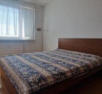 Ložnice s postelí a podlahou s dřevěným dekorem v 2pokojovém bytě.