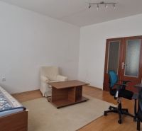 Obývací pokoj v 2-pokojovém bytě s postelí, křeslem a podlahou s dřevěným dekorem.
