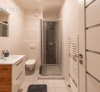 Koupelna v 2-pokojovém bytě s umyvadlem, sprchou a WC, světlé dlažby.
