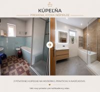 Porovnání koupelen v rodinném domě; starší styl a novější minimalistická renovace.