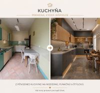 Kuchyně před a po rekonstrukci v rodinném domě s novým designem a vybavením.