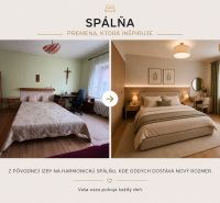 Proměna ložnice v rodinném domě s podlahou s dřevěným dekorem a novým nábytkem.