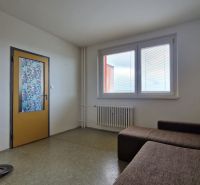 Obývací pokoj s hnědou sedačkou a mozaikovými dveřmi v 2-pokojovém bytě.
