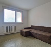 Obývací pokoj v 2-pokojovém bytě s velkým oknem a pohodlnou pohovkou.