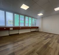 Kanceláře s velkými okny a podlahou s dřevěným dekorem.