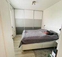 Ložnice v 3pokojovém bytě s podlahou s dřevěným dekorem a velkou skříní.