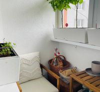 Zátiší s křeslem a rostlinami na útulném balkóně ve 3-pokojovém bytě.
