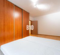 Ložnice s velkou skříní v 2-pokojovém bytě, podlaha s dřevěným dekorem.