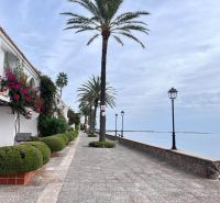 Promenáda u moře v La Manga del Mar Menor, Španělsko, lemovaná palmami a lampami.