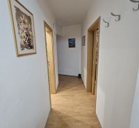 Chodba se světlými stěnami a podlahou s dřevěným dekorem v 3-pokojovém bytě.