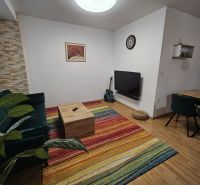 Obývací pokoj v 3-pokojovém bytě s barevným kobercem a podlahou s dřevěným dekorem.