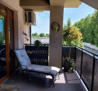 Balkon 4pokojového bytu na Lipové ulici ve Velkém Bieli s lehátkem a rostlinami.