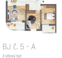 Půdorys 3-pokojového bytu s podlahou s dřevěným dekorem a balkonem.
