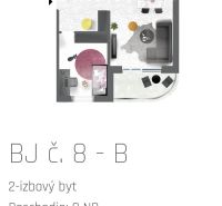 Půdorys 2-pokojového bytu s obývacím pokojem, kuchyní, balkonem a koupelnou.