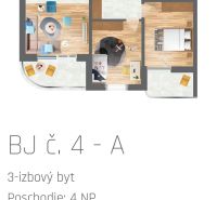Půdorys 3-pokojového bytu s podlahou s dřevěným dekorem a zařízením.