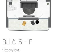 Půdorys 1-pokojového bytu s vybavením na 6. patře, cena 88 990 €.