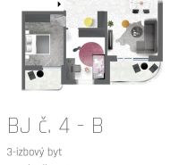 Půdorys 3-pokojového bytu s prostorným obývacím pokojem a balkonem, podlaha s dřevěným dekorem.