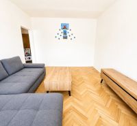 Obývací pokoj v 2-pokojovém bytě s podlahou s dřevěným dekorem a šedou sedačkou.
