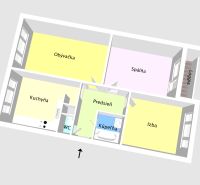 Půdorys 3-pokojového bytu s kuchyní, koupelnou a lodžií.