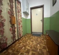 Chodba 2pokojového bytu s podlahou s dřevěným dekorem a květinovými závěsy.